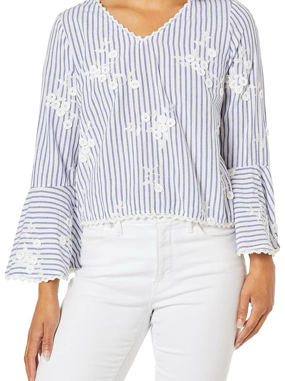 Karen Kane Cotton Blue &  White Striped Embroidered V-Neck Bell Sleeve Top - XL